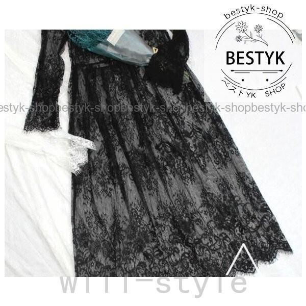 総レースワンピース長袖チュール花柄刺繍