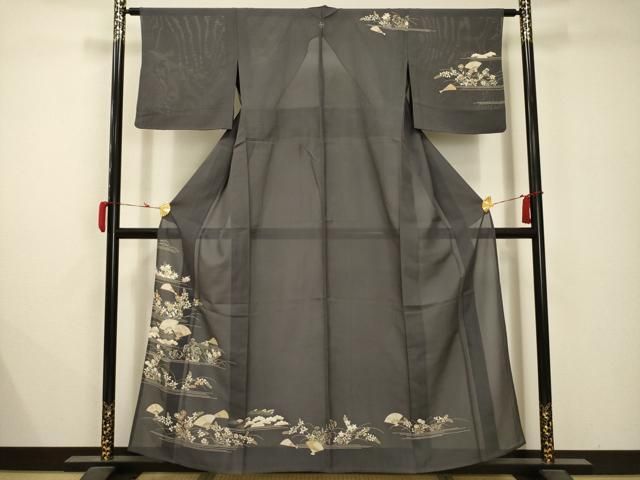 平和屋着物＊夏物　銀座きしや　訪問着　絽　駒刺繍　立波扇面花文　金糸　金彩　正絹　逸品　AABB8777sx 平和屋着物＊夏物 銀座きしや 訪問着 絽 駒刺繍 立波扇面花文 金糸