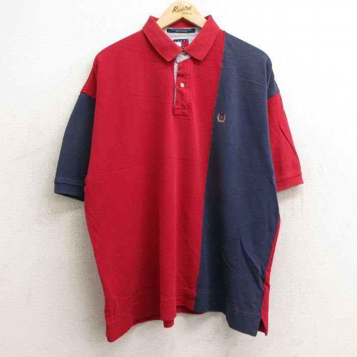 XL/古着 トミーヒルフィガー 半袖 ブランド ポロ シャツ メンズ 90s ワンポイントロゴ ツートンカラー 大きいサイズ コットン 鹿の子 赤他 