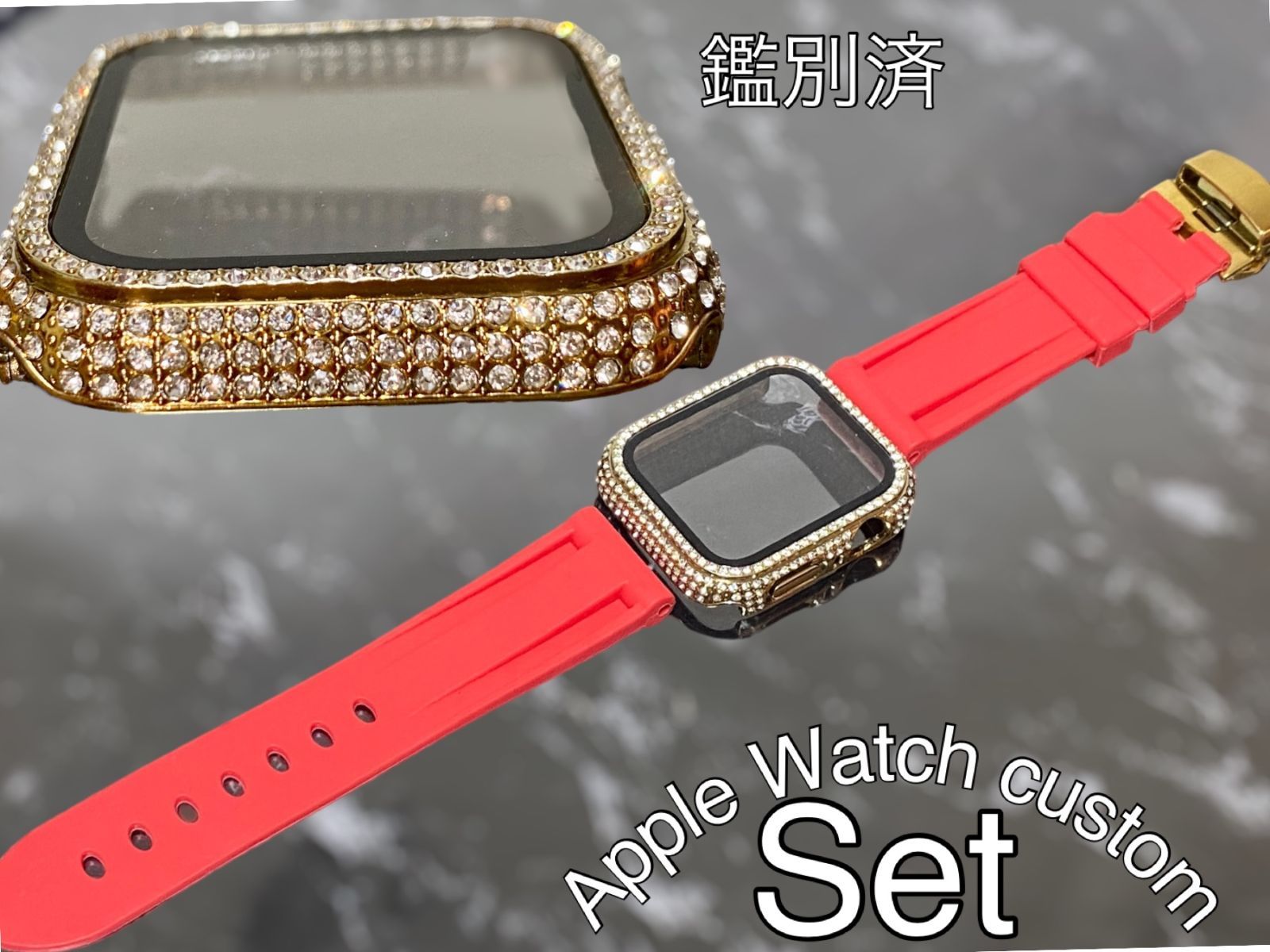 ゴールド　レッド　アップルウォッチ ケースカバーApple Watch. Dラバーベルト ラバーバンド キラキラカバー ケース 鑑別済み 最高品質
