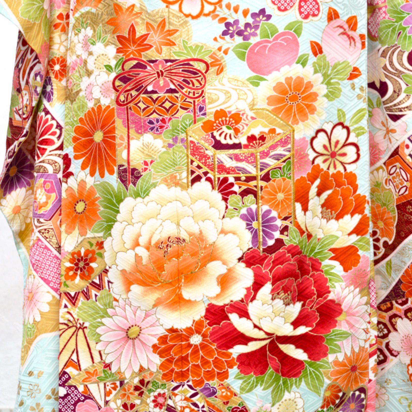 振袖フルセット(7点)・古典柄・金駒刺繍・舞蝶・枝垂れ桜・パールトーン加工・正絹 絵羽柄 振袖6点セット 販売 購入「青紫地に桜と結び」振袖