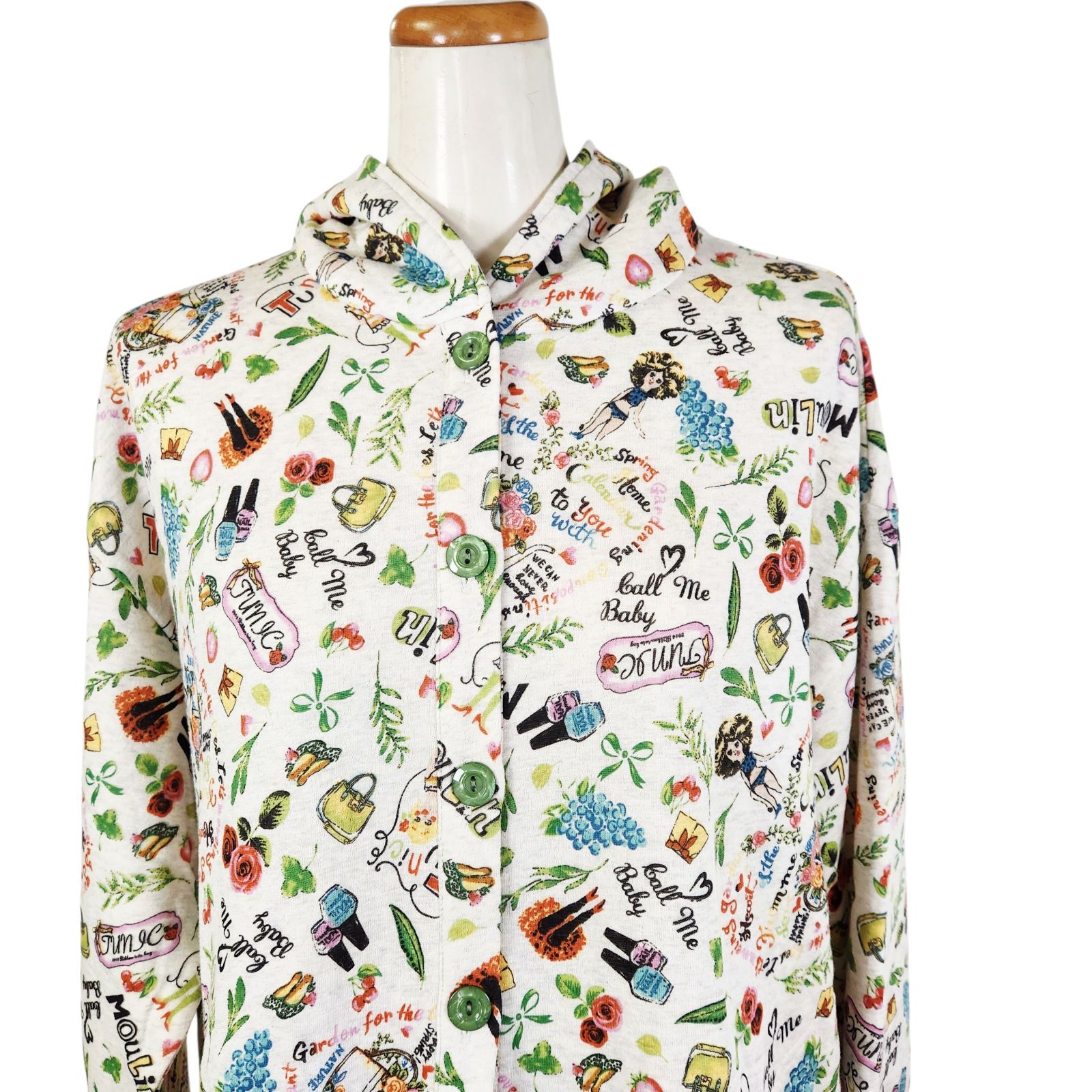 鴨居羊子パーカー ♥ TUNIC 秋冬物 長袖 フード付き全開き パーカー ジグザグキルトリーフキャラ 06648 日本製 グレー色