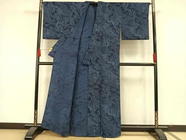 平和屋着物○上質な小紋 型染め 藍 花鳥文 鬼しぼ縮緬 正絹