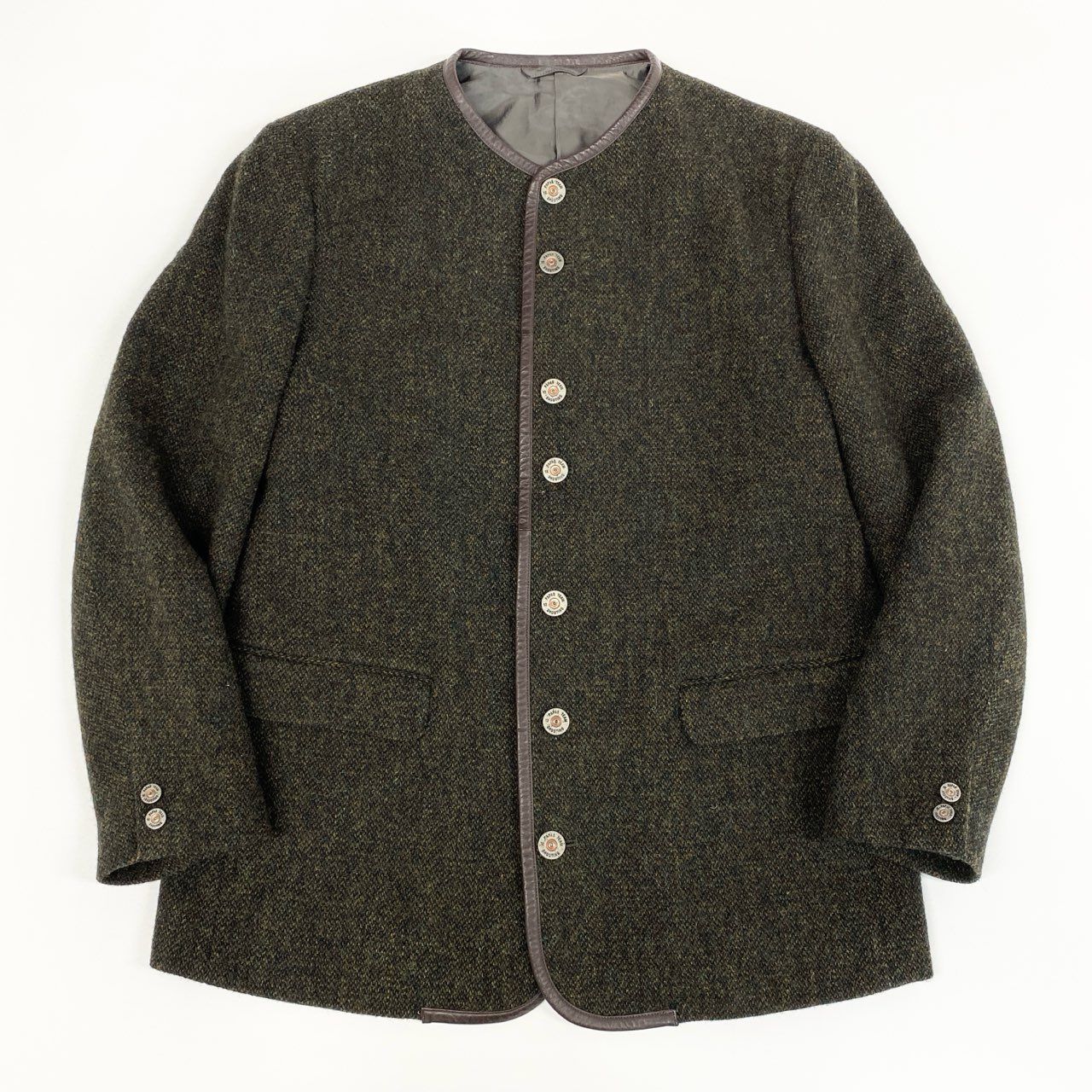 51f3 Papas パパス Harris Tweed ハリスツイード ノー ツイードジャケット オーバーサイズ レザーパイピング アウター 50 L グリーン カーキ系 ウール 牛革