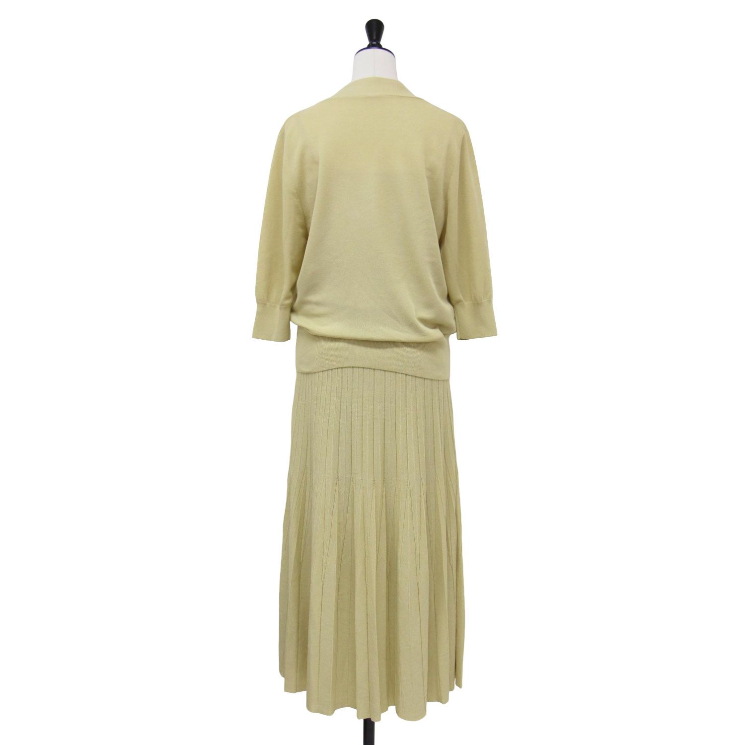 Mila Owen ミラ オーウェン イエロー サイズ 1 M | 22秋冬 ボウタイニット プリーツスカート セットアップ | 7分袖 ロング丈 リボン ウエストゴム フ ハイゲージ レディース