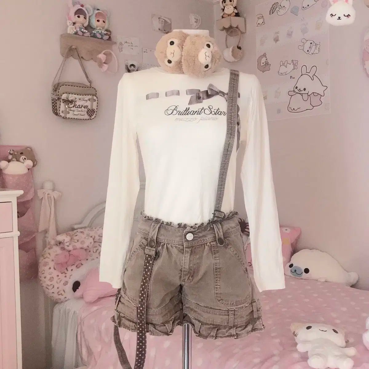 メゾピアノ ブラウン デニム フリル サスペンダー パンツ ラテギャル 姫系