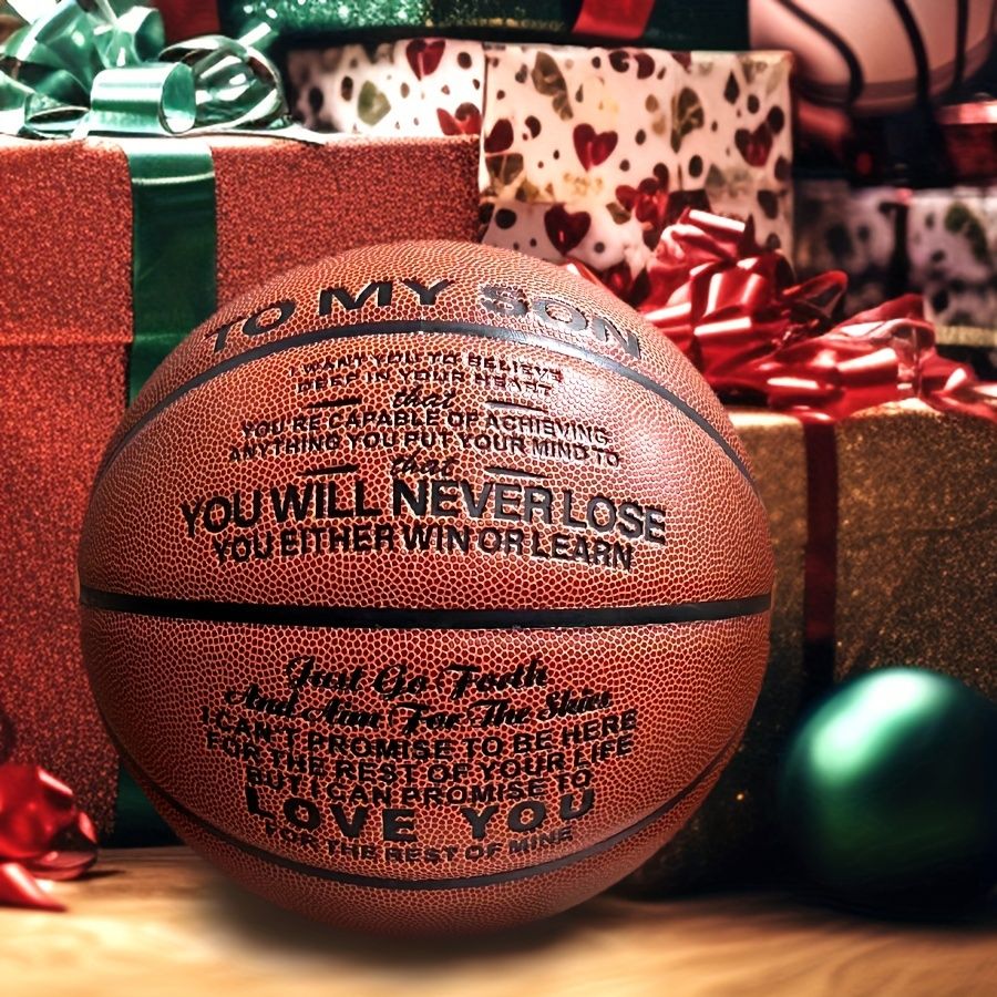 「息子へ、愛してる」刻印バスケットボール - 卒業、誕生日、クリスマスにぴったりのギフト - サイズ7、ブラウンPU素材