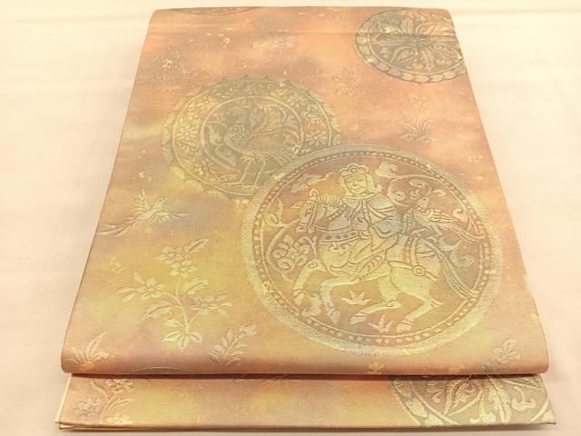 平和屋着物◎六通柄袋帯 乗馬花鳥丸文 金糸 引箔 正絹 逸品 BAAU5342hv