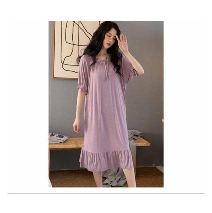 ルームワンピース パジャマ ネグリジェ ルームウェア 半袖 夏 ミモレ丈 レディース 柔らか オフショルダー モダール綿 伸縮性 部屋着 ナイトウェア 大人 寝間着 通気性 フェミニン セクシー エレガント ゆったり DECORATOM_COM_BR