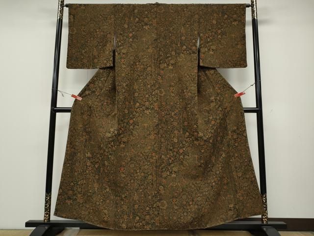 【美品】単衣の小紋　更紗花文　鬼しぼ縮緬　正絹　バチ衿　六通袋帯　葡萄蔓文様 美品】単衣の小紋 更紗花文 鬼しぼ縮緬 正絹 バチ衿 六通袋帯