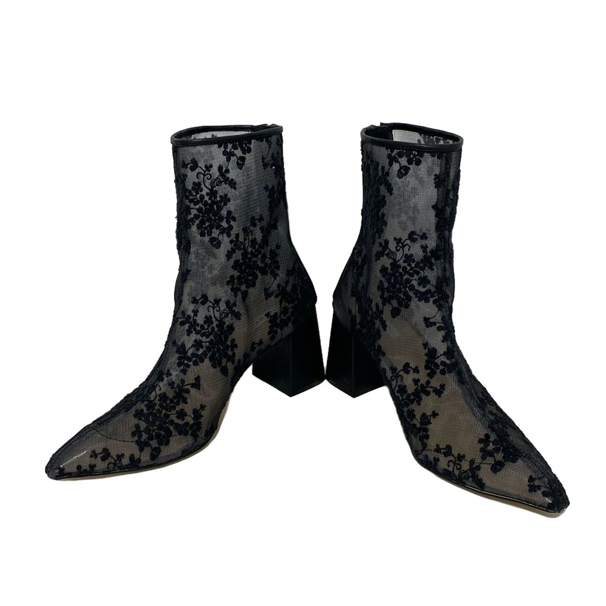 AMERI アメリ ショートブーツ M レディース - 黒 花柄 レース シースルー レザー