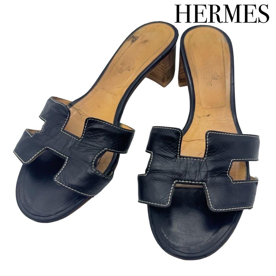 HERMES エルメス オアジス Oasis レザー ヒールサンダル ブラック 37.5 約24.5cm MADE IN ITALY レディース
