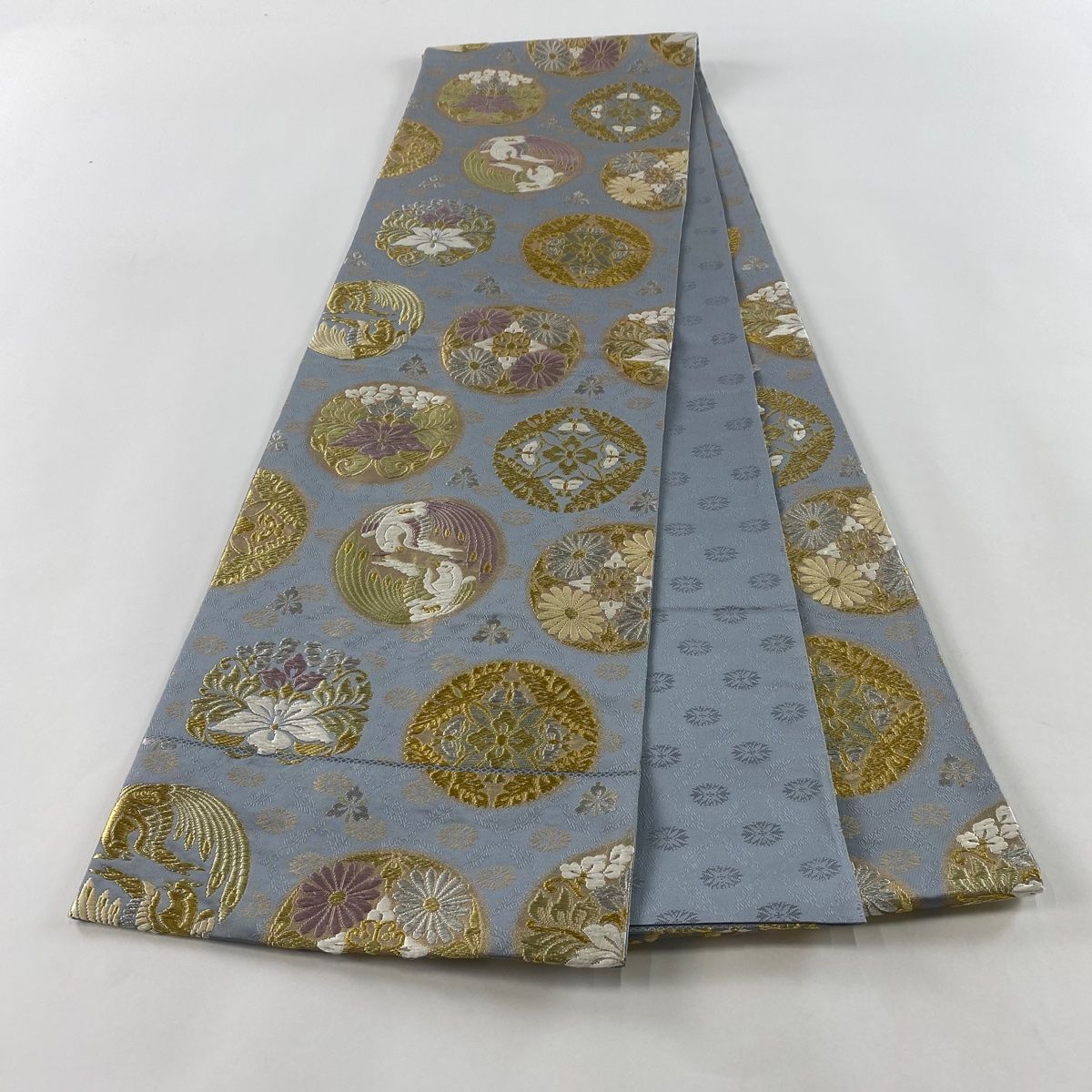 袋帯 美品 秀品 七宝華文 鳥 金銀糸 唐織 灰緑 六通 正絹 中古