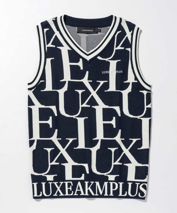 新品 ゴルフ 総柄ロゴ ニットベスト 秋冬 ネイビー LUXEAKMPLUS 春 LUXEAKMPLUS リュクスエイケイエムプラス 総柄ロゴニットベスト ゴルフ