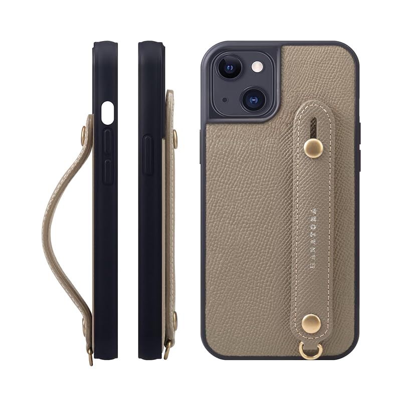 HANATORA iPhone15Plus ケース 本革 耐衝撃 背面ベルト スマホケース スマホ スタンド機能 ネック ストラップ 付き エンボスレザー ギフト マグネットなし グレージュ NGH-15Plus-Grege 1