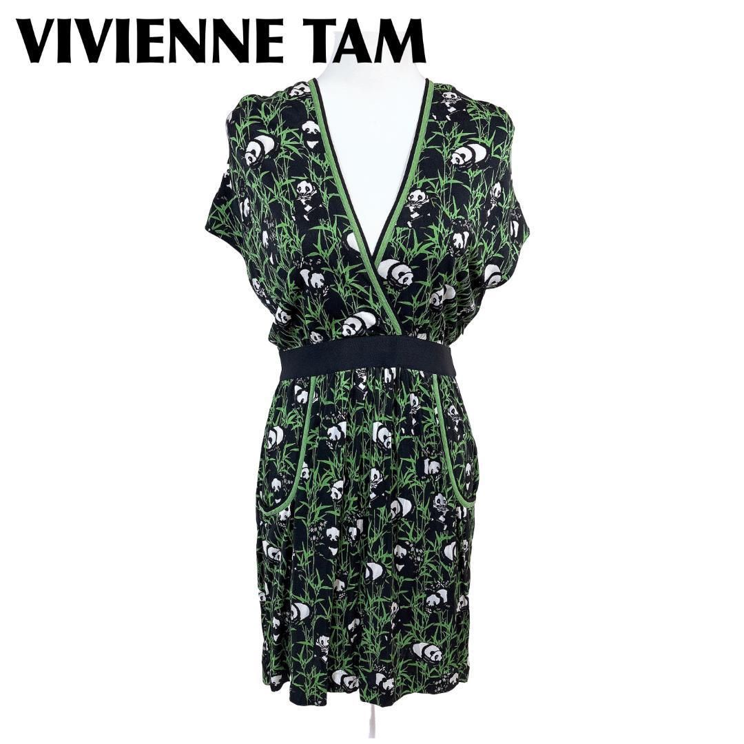 ヴィヴィアンタム パンダ Vネックノースリーブワンピース 1 黒×緑