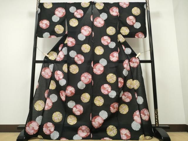 平和屋着物∴夏物 浴衣 縦綿絽 雪輪花文 黒地 綿 CAAW1117ng