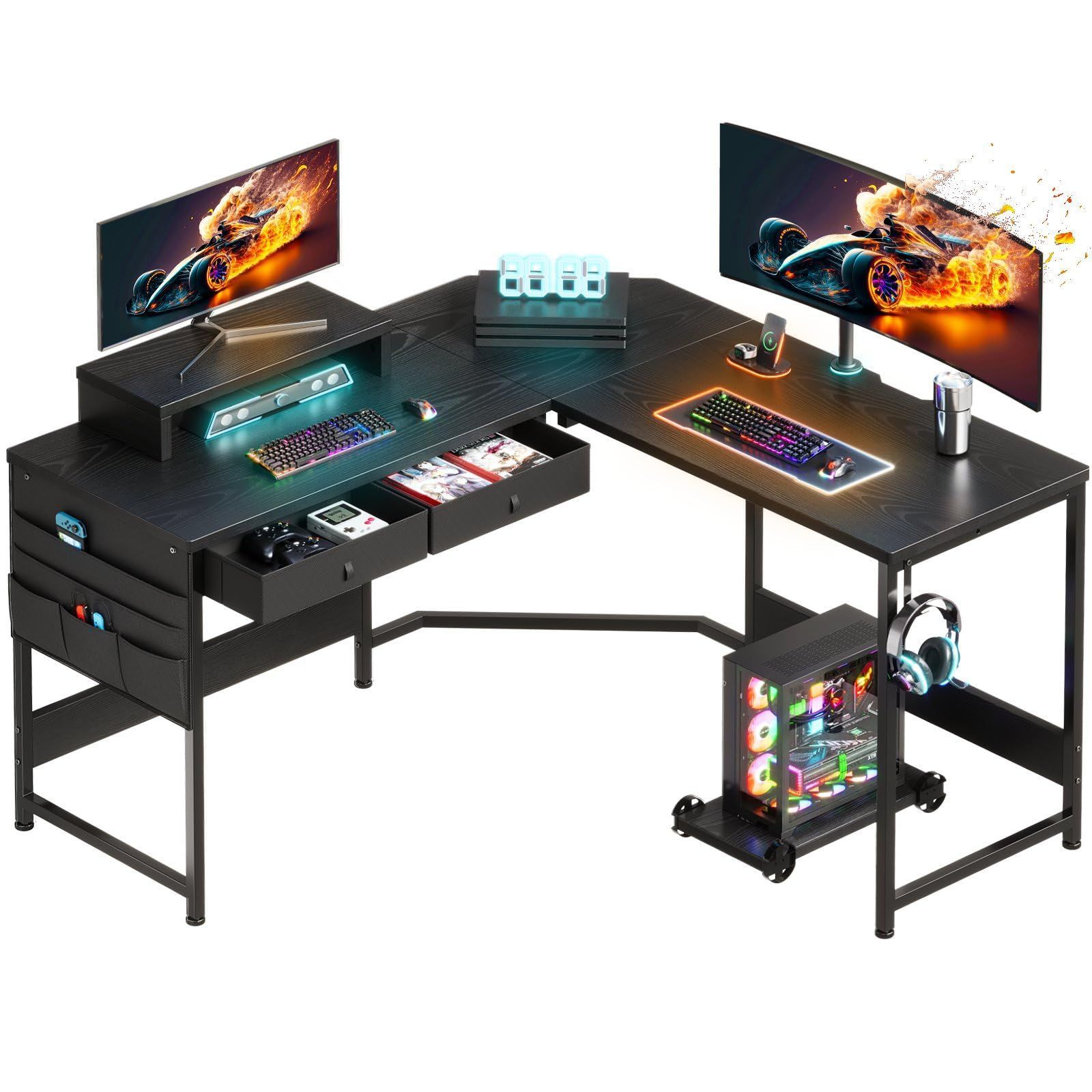 125cm x 125cm l字デスク ゲーミングテーブル pcデスク収納袋付き学習机 机 computer desk パソコンデスク 作業机 gaming ゲーミングデスク desk 引き出し付きデスク YeTom 黑い