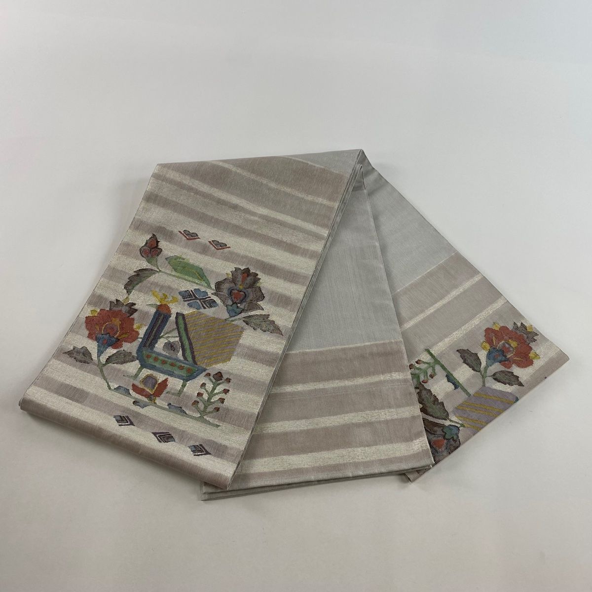 袋帯 秀品 関西仕立て 鳥 草花 銀糸 箔 灰紫 お太鼓柄 正絹