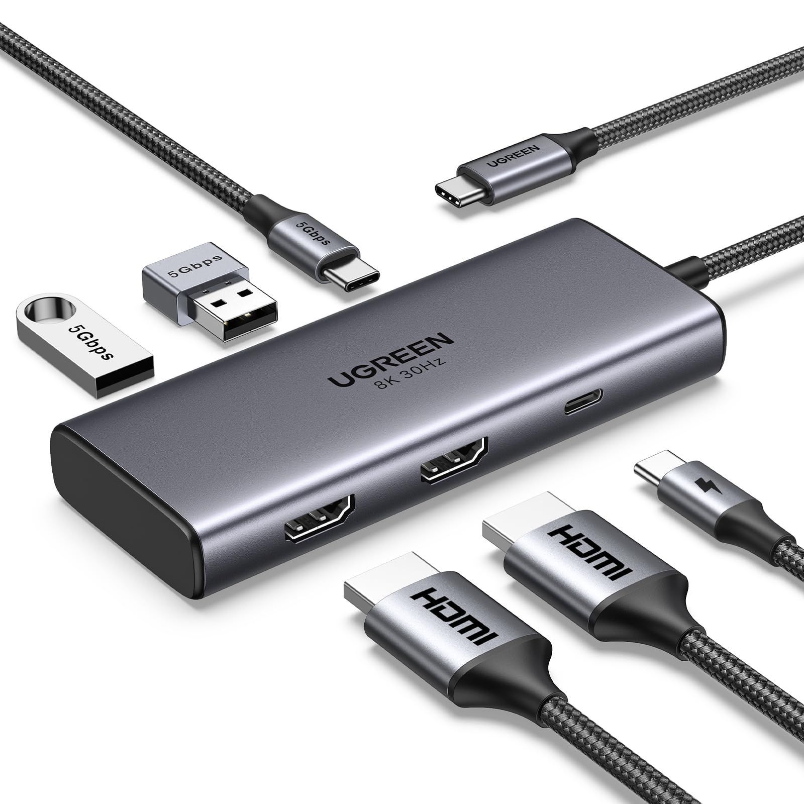 UGREEN Revodok 206 6 in 1 USB Cハブ 2*HDMI出力 ドッキングステーション 4K 60Hz 単一出力8K 30Hz 100W PD急速充電 5Gbps高速データ転送 MacBook M1|M2 XPS ThinkPad