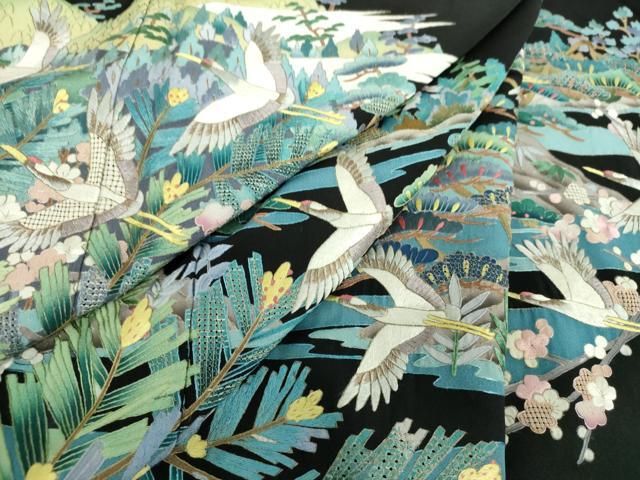 平和屋着物●中国三大刺繍 スワトウ刺繍 汕頭刺繍 総刺繍 黒留袖 飛鶴吉祥花文 金糸 正絹 DAAX4697ps