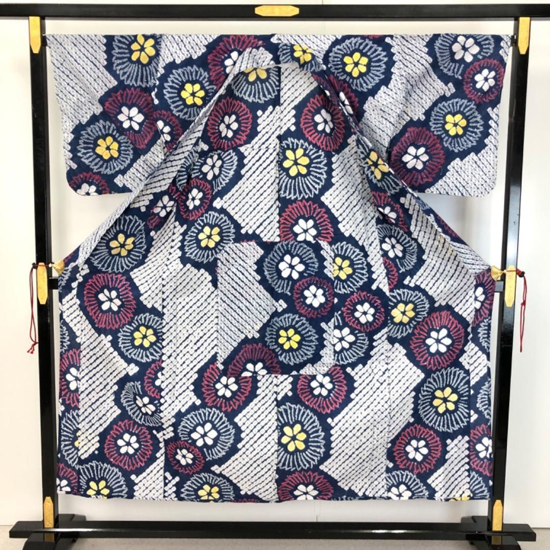 夏着物 浴衣 有松鳴海本絞り 花柄模様 紺藍色 K-5095