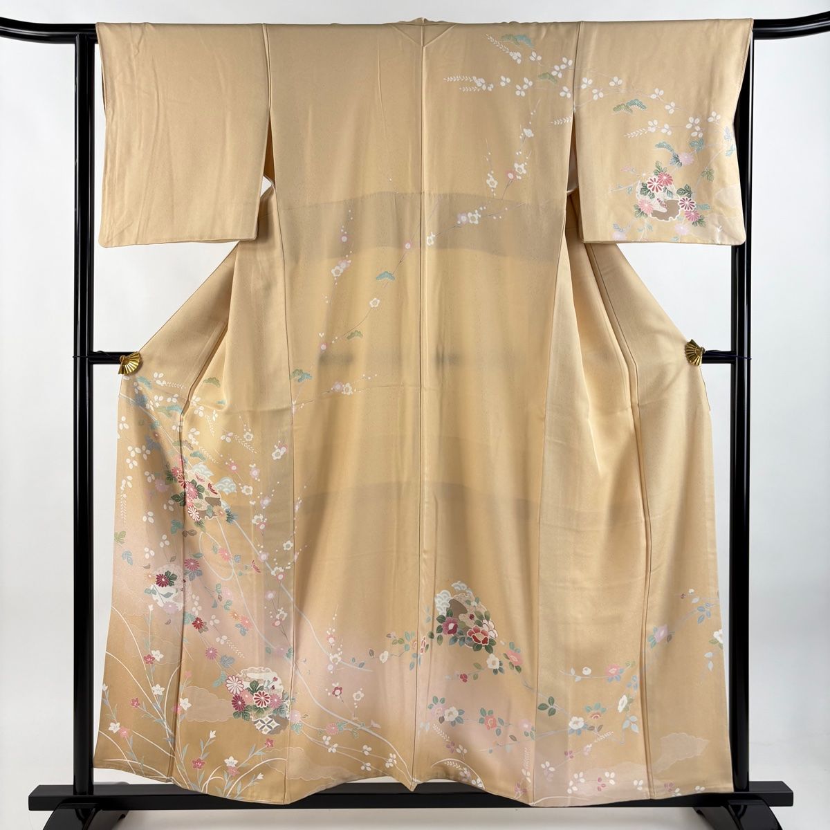 訪問着 身丈157cm 裄丈63cm S 袷 雪輪 秋草 ぼかし ベージュ 正絹 秀品