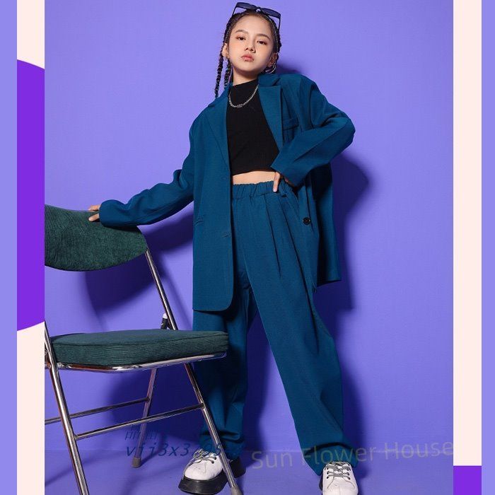 キッズ ダンススーツ セットアップ 上下2点セット オーバーサイズ K-POP衣装 スーツセット 大きいサイズ パンツスーツ フォーマル 無地 ブルー vii3x379548