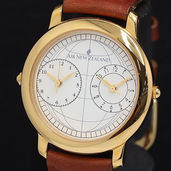 稼動 良品 AIR NEW ZEALAND QZ ダブルフェイス 白文字盤 メンズ腕時計