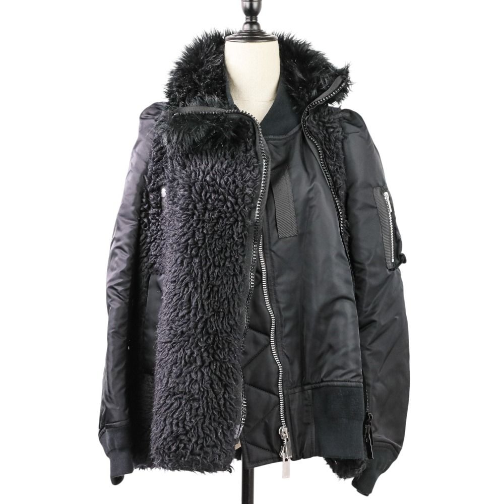 sacai - 美品 21AW Sacai サカイ ボアドッキング MA-1 フェイクファー ジャケット 21-05872 サイズ2 ブラック レディース 古着 中古 USED 美品 21AW Sacai サカイ ボアドッキング MA-1 フェイクファー