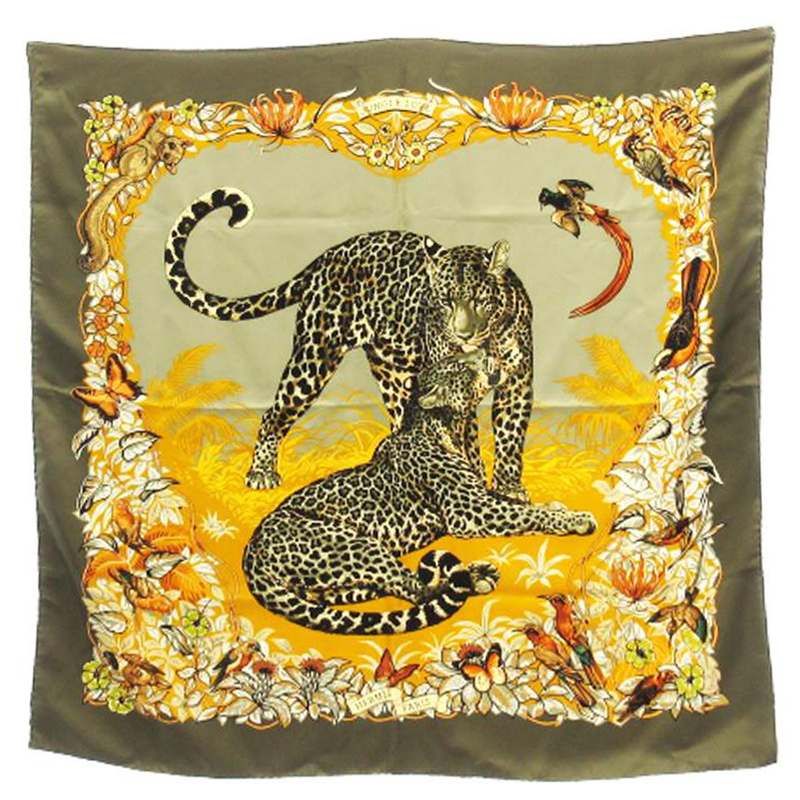 エルメス HERMES Jungle Love ジャングルラブ カレ 90 スカーフ ヒョウ柄 総柄 シルク カーキ系 AA