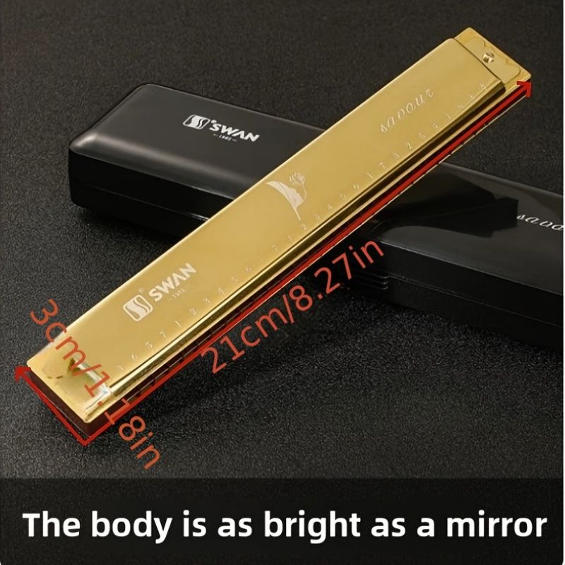 SWAN 28穴ポリフォニックハーモニカ ハ調、プロフェッショナルパフォーマンス、初心者向け、幅広い音域、ゴールデン樹脂ピアノグリッド、研磨メタル、ケース付き - イエロー