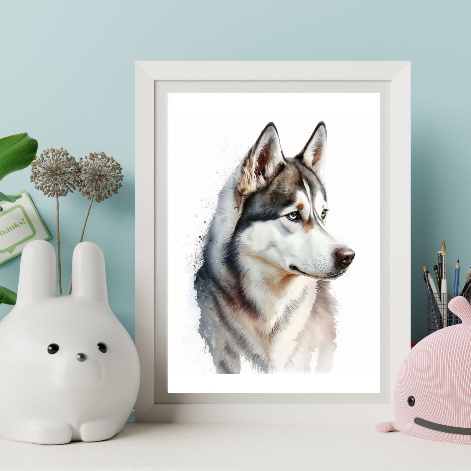 シベリアン・ハスキー　犬アート　インテリアポスター　水彩　いぬの絵