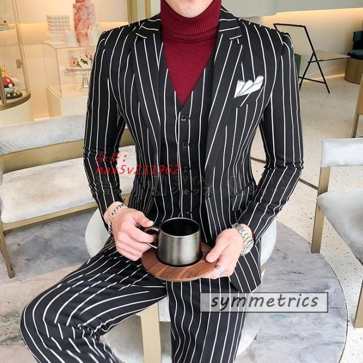スーツ メンズ スリーピース ビジネススーツ セットアップ ストライプ 通勤 3ピーススーツ カジュアルスーツ 細身 3点セット ベスト hax 5 v 211962