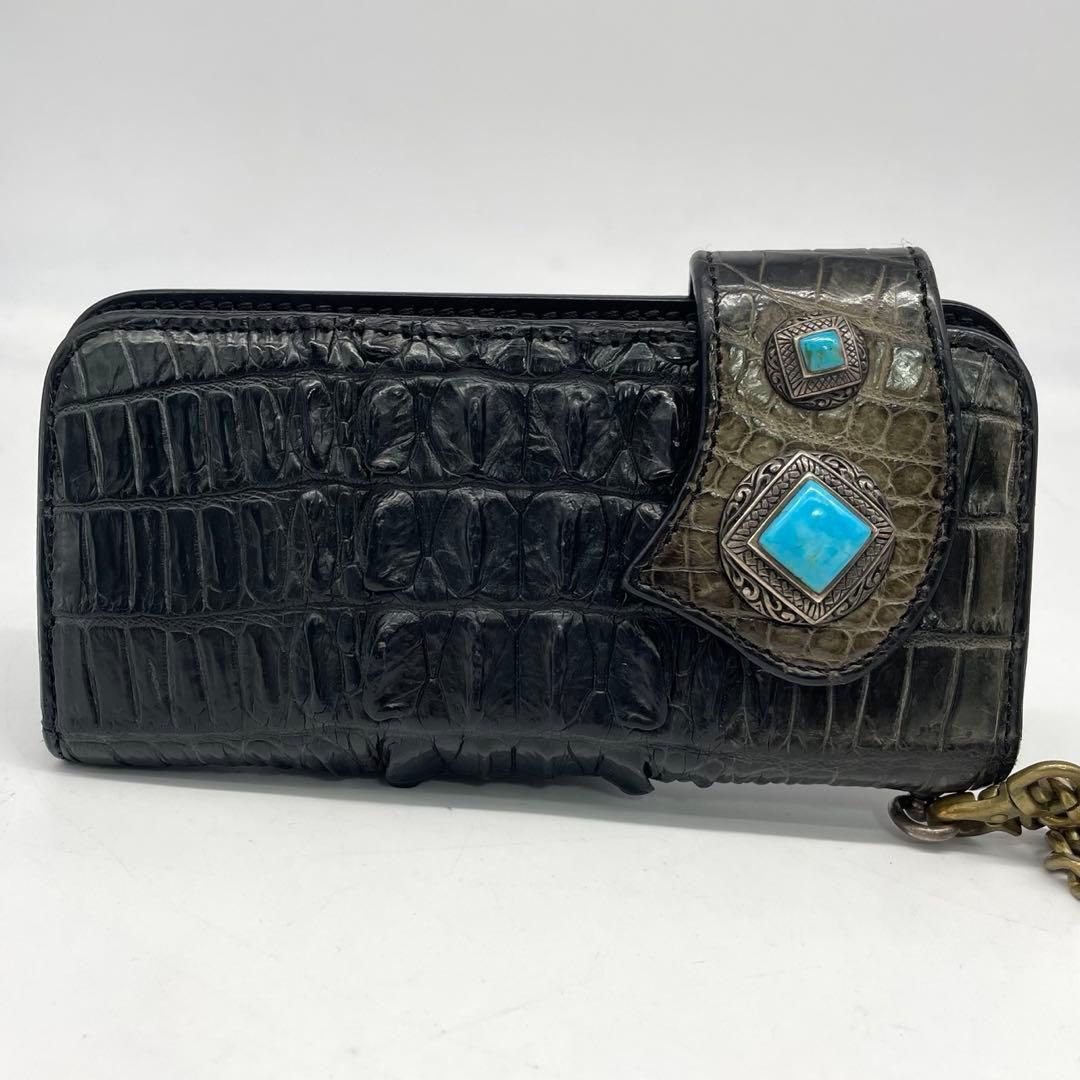MUD MONKEY マッドモンキー バイカーズウォレット 長財布 ロングウォレット クロコダイル ターコイズ チェーン 黒