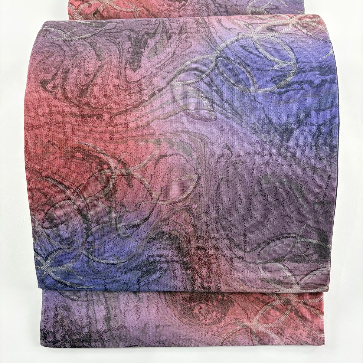 美品】 袋帯 名品 墨流し 銀糸 ぼかし 灰紫 全通 正絹 【】 名古屋帯 美品