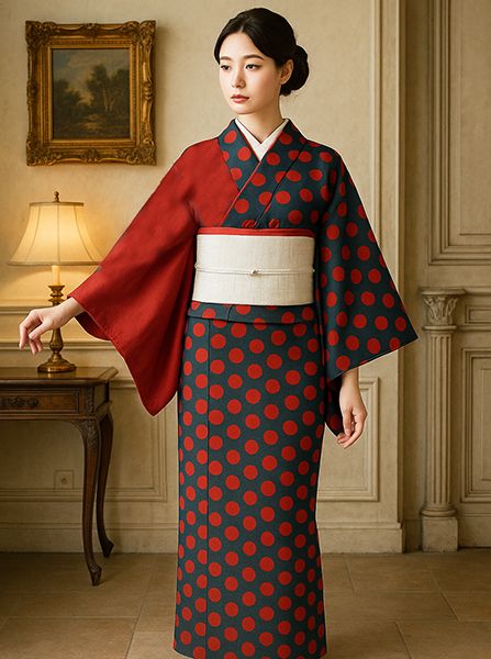 浴衣 単品 仕立て上がり 女性用 半身仕立て 綿100％ 深紅×青灰色 水玉模様 ドット NO41722