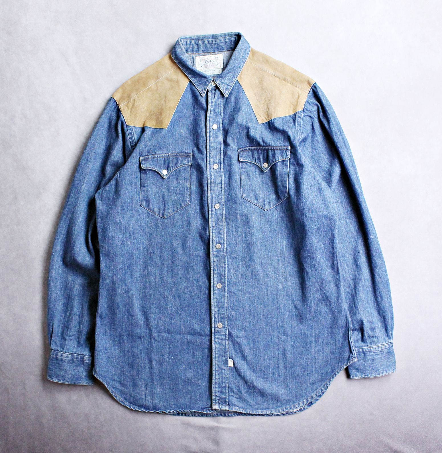 POLO RALPH LAUREN 白タグ スエード切り替え デニムシャツ Lサイズ ビンテージ ラルフローレン