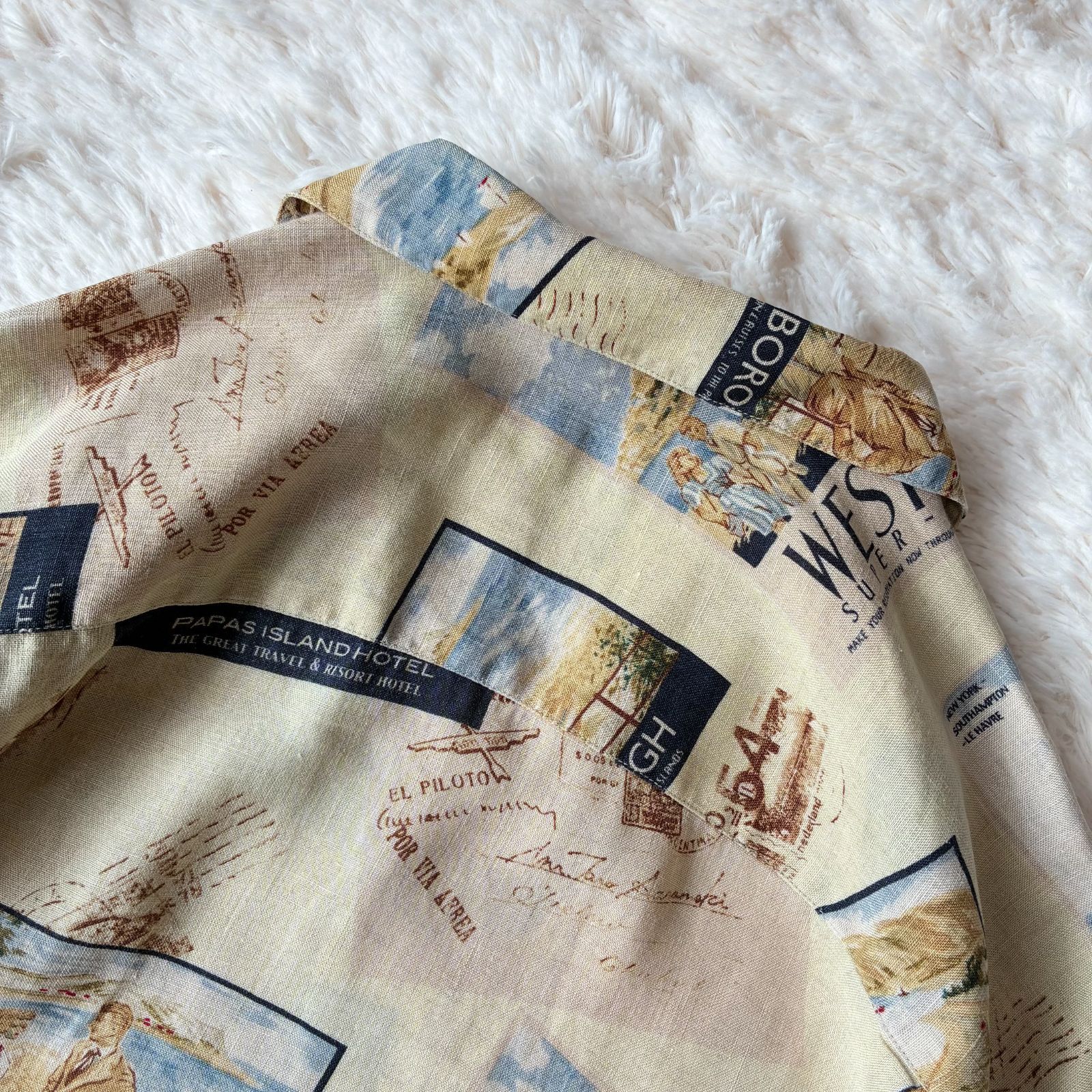 リネン100%/XL相当 パパス オープンカラーシャツ ココナッツボタン刺繍 リネン100%/XL相当 パパス オープンカラーシャツ ココナッツ
