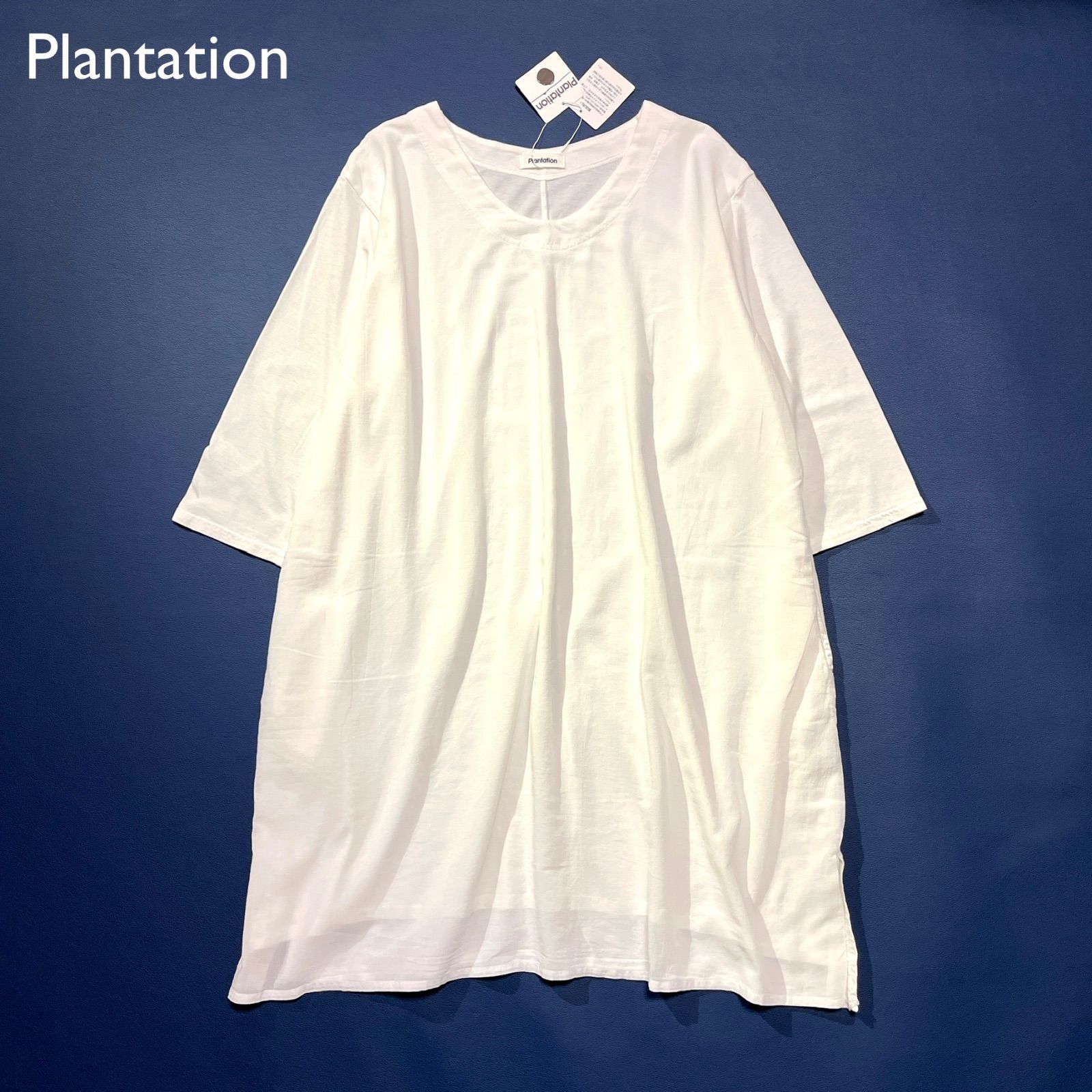 cE32 Plantation Vネックチュニック丈ワンピース ポケット付き