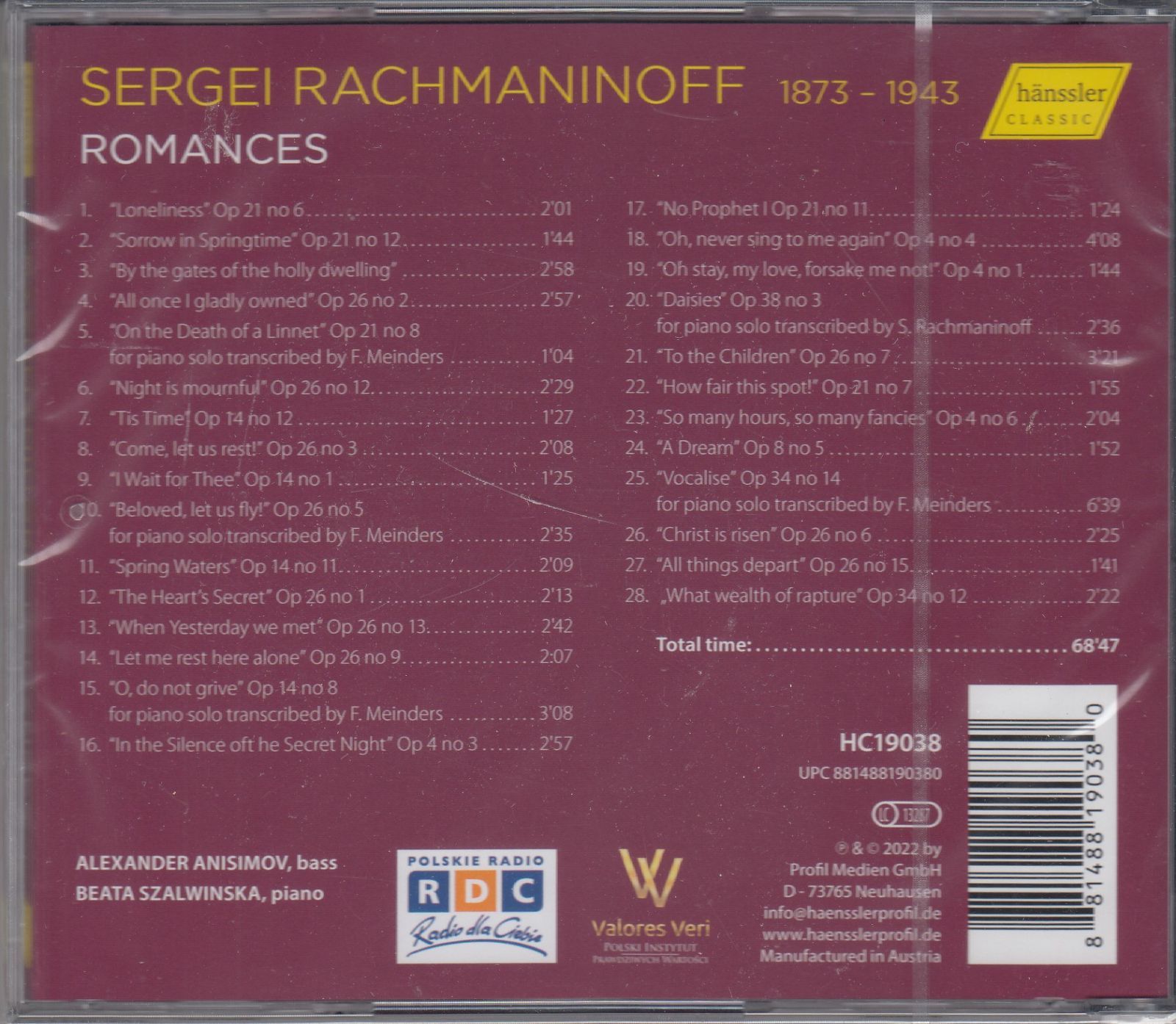 CD/Hanssler]ラフマニノフ:12の歌Op. 21(抜粋)u0026聖なる僧院の門のかたわらにu002615の歌Op. 26から第2曲私ははすべてを奪われた他 /アレクサンドル・ミハイロヴィチ・アニシモフ(b)u0026ベアタ・シャルヴィンスカ(p) - メルカリ