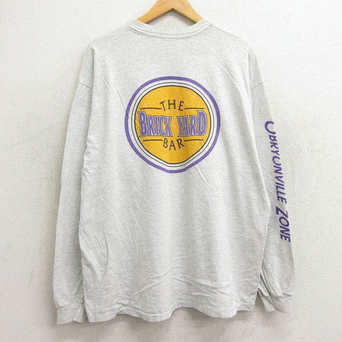 XL/古着 ヘインズ 長袖 ビンテージ Tシャツ メンズ 90s BRICK YARD BAR クルーネック 薄グレー 霜降り 24jun03 中古