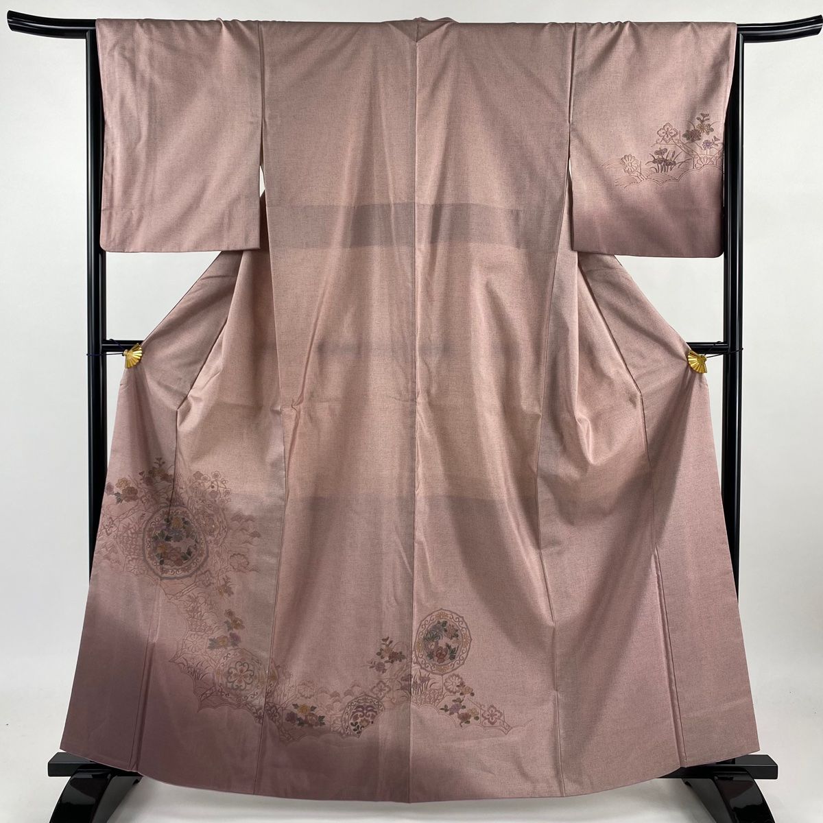 付下げ 身丈163.5cm 裄丈65cm M 袷 紬地 華文 松梅 刺繍 ぼかし ピンク 正絹 美品 名品 【】