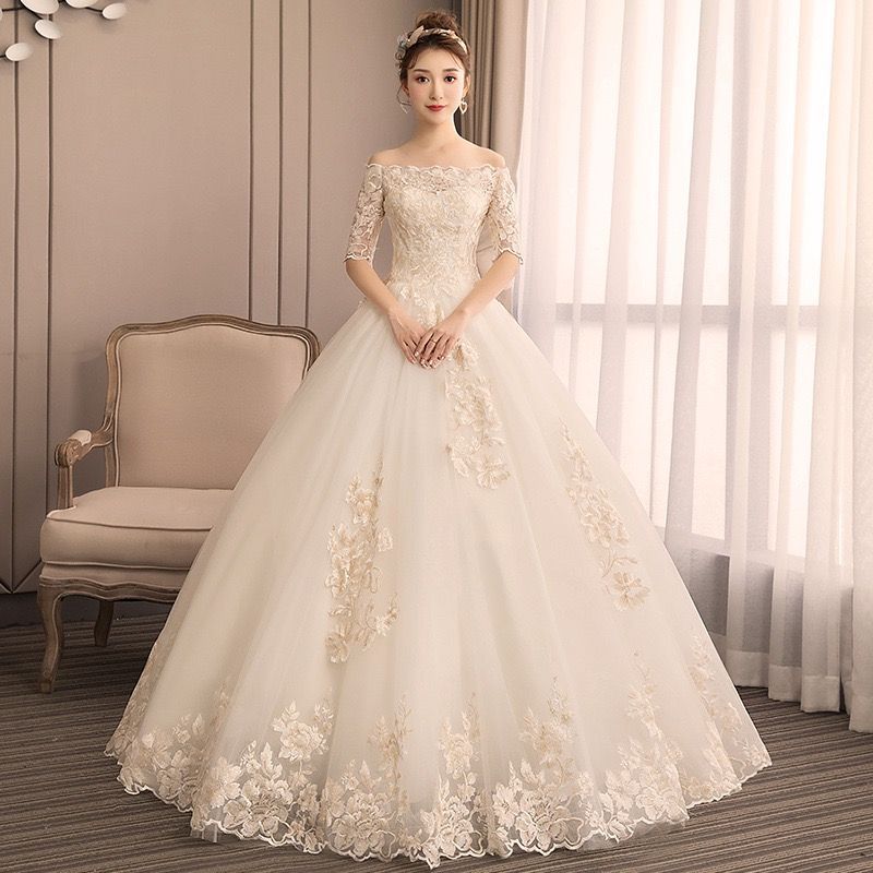 ウェディングドレス 花嫁 二次会 ウエディングドレス 結婚式 ロングドレス プリンセスライン オフショルダー 袖付き ホワイト 挙式 前撮り