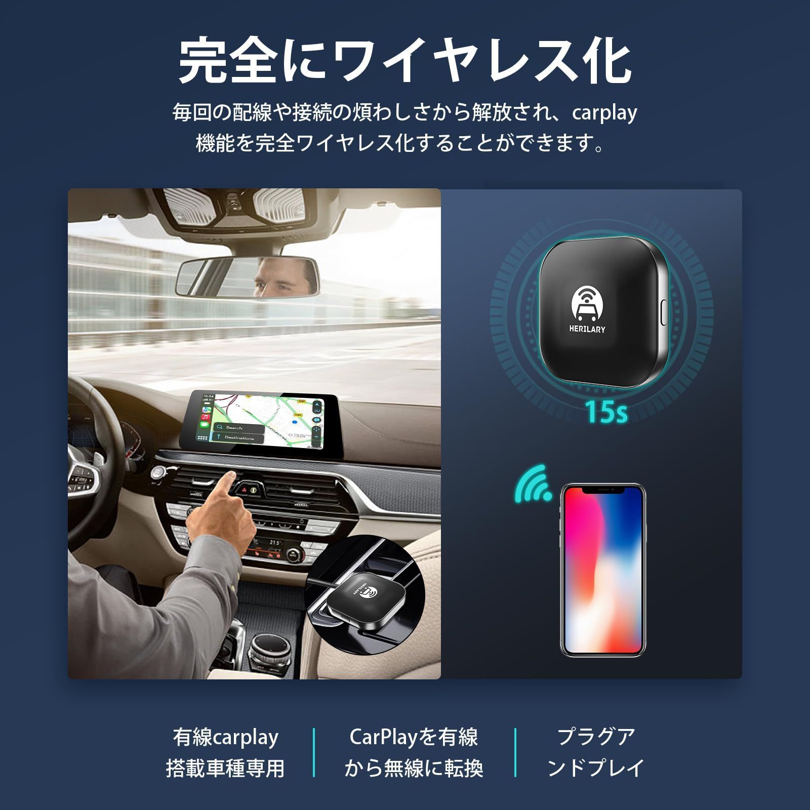 SENZZ carplay ai box CarPlayワイヤレスアダプター 有線接続のみの純正CarPlayを無線化する最新wirelessアダプター 道案内マップ/音楽/Siri/通話/メッセージ受送信 iPhone のみ対応CarPlay対応の車両