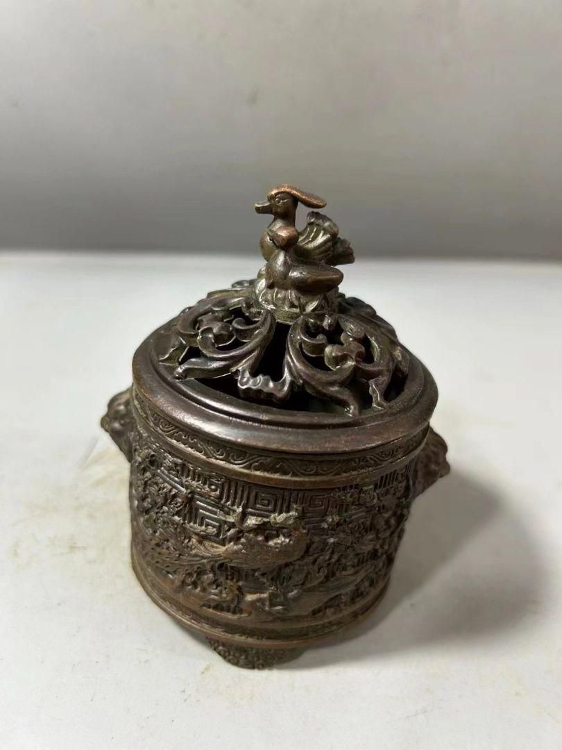 銅細工 透かし彫り薫製香炉 亀薫製香炉 工芸品 美術品 置物 銅器 香炉浮彫り透かし彫り百鳥朝鳳天?瑞獣耳薫香炉 香道具 装飾