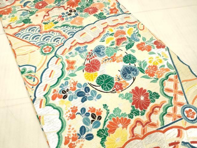 平和屋着物 夏物 アンティーク 大正ロマン 丸帯 引き抜き帯 檜扇草花文 銀糸 正絹 DAAX5544cm