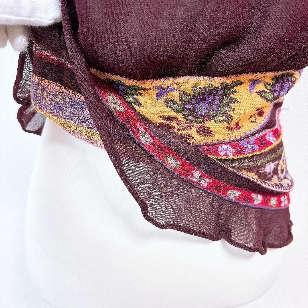  ケンゾー 半袖薄手ニットブラウス シアー M 裾ボーダー柄 ボルドー 半袖 シャツ ブラウス