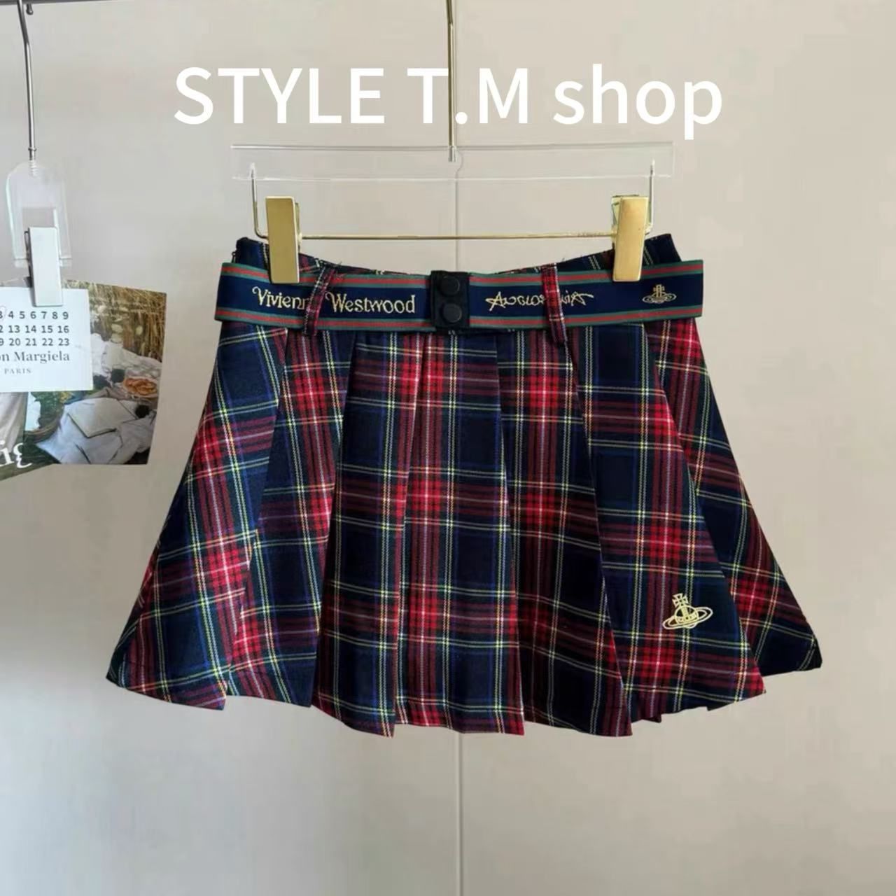2025人気新作 Vivienne Westwood レッド×ブルー チェック柄 プリーツスカート スカート