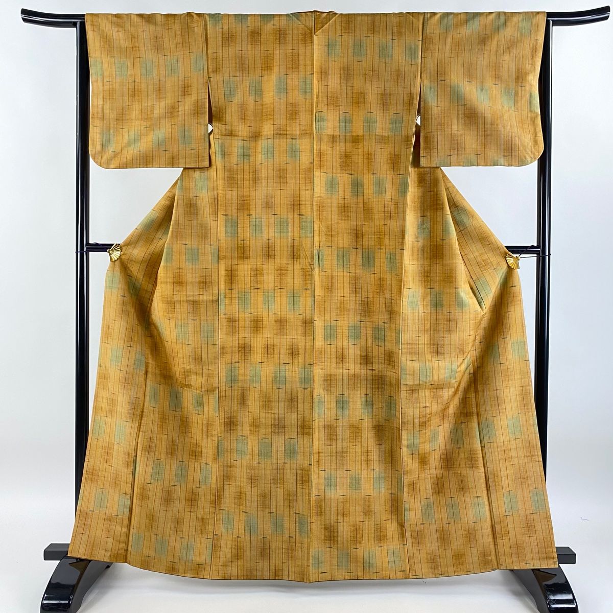 紬身丈160裄丈64cm M 薄物夏紬縞絣薄茶色 正絹 秀品【中古】 紬 身丈163cm 裄丈64cm M 袷 名古屋帯セット 信州紬 証紙 縦縞